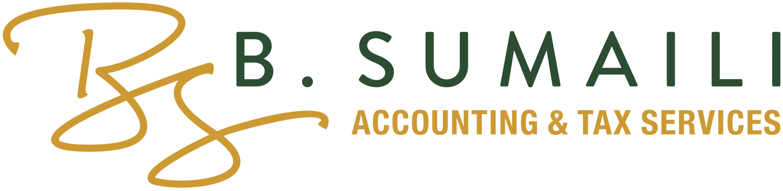 logo (2) Logo for "B. Sumaili Accounting & Tax Services" featuring gold stylized initials on the left and the company name in green and gold text on a white background.